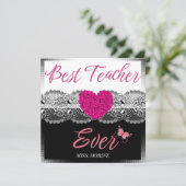 Beste leraar ooit zwart-wit met roze hart bedankkaart (Staand voorkant)