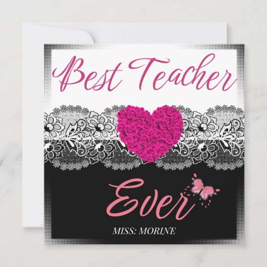 Beste leraar ooit zwart-wit met roze hart bedankkaart (Voorkant)