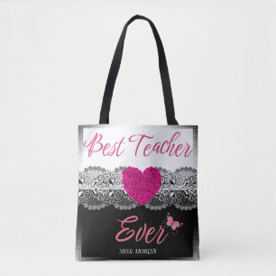 Beste leraar ooit zwart-wit met roze hart tote bag