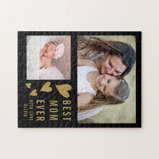 Beste mam ooit 2 Foto Collage Black en Gold Legpuzzel (Horizontaal)