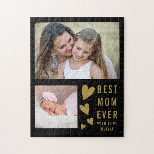 Beste mam ooit 2 Foto Collage Black en Gold Legpuzzel (Verticaal)