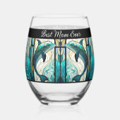 Beste mam ooit blauw en Blauwgroen dolfijn Wijnglas Zonder Voet (Voorkant)