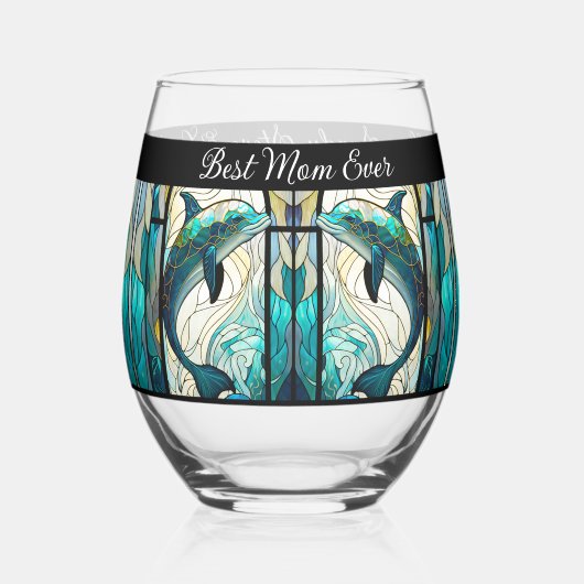 Beste mam ooit blauw en Blauwgroen dolfijn Wijnglas Zonder Voet (Voorkant)