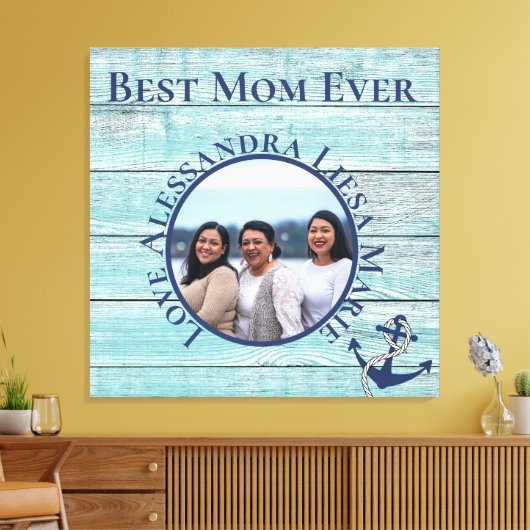 Beste mam ooit Blauwgroen hout Nautical Navy Ancho Canvas Afdruk (Insitu (Woonkamer))