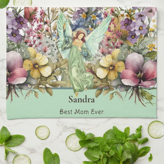 Beste Mam Ooit, Engel en wilde bloemen bloemenperz Theedoek (Gevouwen)