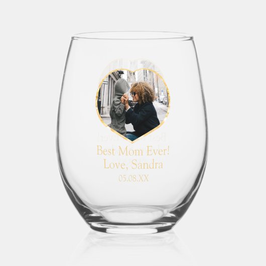 Beste Mam Ooit Hart Fotosjabloon Naam Datum Wijnglas Zonder Voet (Achterkant)
