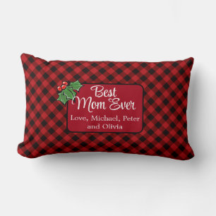 Beste Mam ooit Kerstmis klassieker Red Plaid Holly Kussen