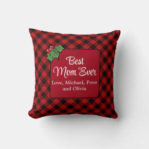 Beste Mam ooit Kerstmis klassieker Red Plaid Holly Kussen