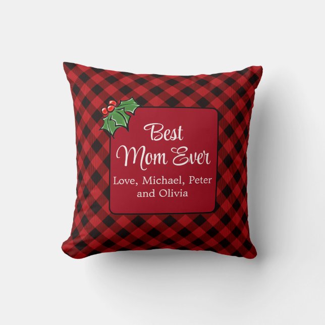 Beste Mam ooit Kerstmis klassieker Red Plaid Holly Kussen (Voorkant)