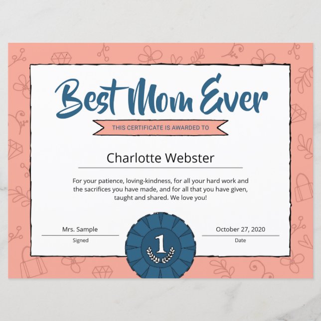 Beste Mam ooit Ouder Certificaat MoederdagUitreiki (Voorkant)