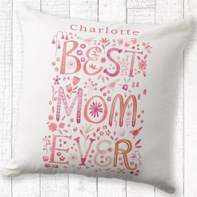 Beste mam ooit persoonlijke Waterverf Kussen (Personalized name Best Mom Ever hand lettered floral pillow)