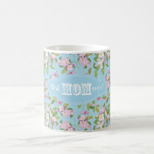 Beste mam ooit roze appel bloesem op blauw koffiemok