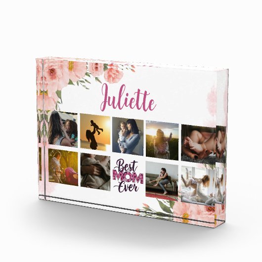 Beste Mam Ooit Roze Bloemen Elegant Keepsake Fotoblokken (Rechts)