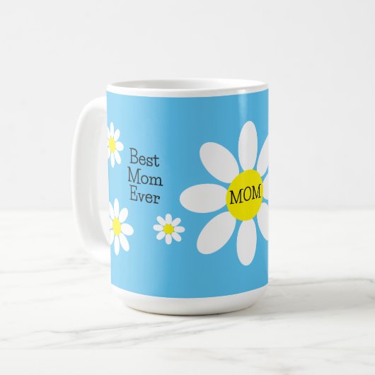 Beste mam ooit White Daisies Sky Blue Flower Koffiemok (Voorkant links)