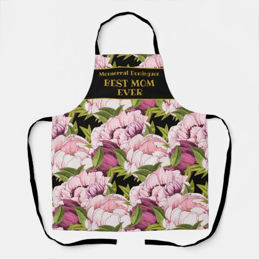 Beste mam ooit zwarte goudnaam Roze pony Floral Schort (Voorkant)