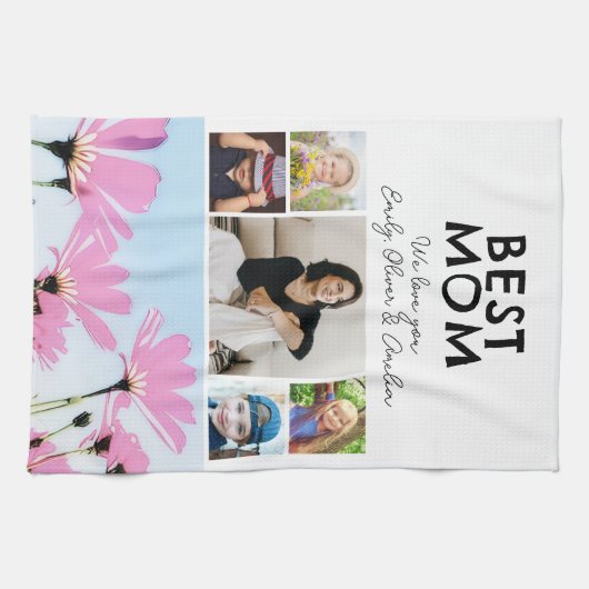 Beste mam roze bloemen 4 Kinder foto's Theedoek (Horizontaal)