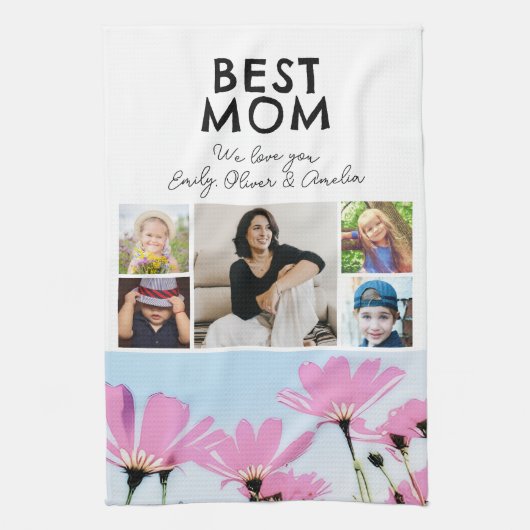 Beste mam roze bloemen 4 Kinder foto's Theedoek (Verticaal)