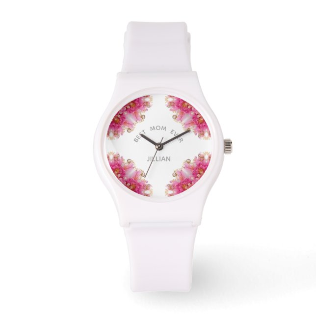 Beste mama ooit, Elegant Roze Fuchsia Floral Horloge (Voorkant)