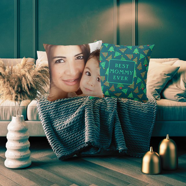 Beste Mama Ooit Foto Kerstboom Patroon Groen Kussen (Creator heeft geüpload)