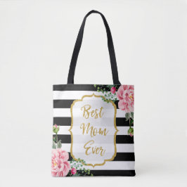 Beste mama ooit Gold Glitter Pink Flowers Stripes Tote Bag