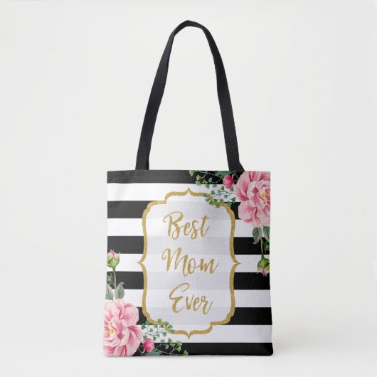Beste mama ooit Gold Glitter Pink Flowers Stripes Tote Bag (Voorkant)