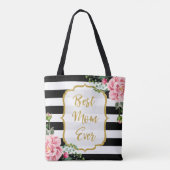 Beste mama ooit Gold Glitter Pink Flowers Stripes Tote Bag (Achterkant)