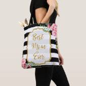 Beste mama ooit Gold Glitter Pink Flowers Stripes Tote Bag (Dichtbij)