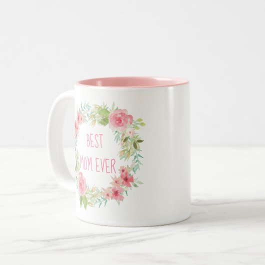 "Beste mama ooit" Roze Floral Mok (Voorkant links)