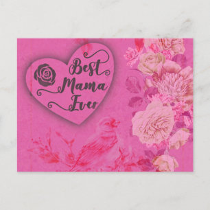 Beste mama ooit roze rozen en vogelbloemen briefkaart