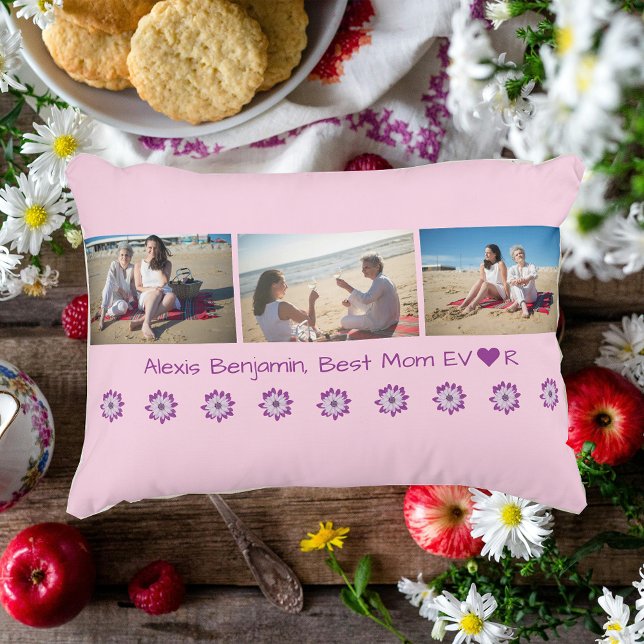Beste mama ooit, w / hart. Naam + 3 foto's Collage Accent Kussen (Best Mom Ever. Heart. Personalized name. Collage of 3 photos. Modern, cute Mother's Day gift for Mom)
