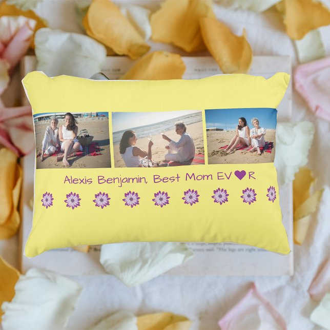 Beste mama ooit, w / hart. Naam + 3 foto's Collage Accent Kussen (Best Mom Ever. Heart. Personalized name. Collage of 3 photos. Modern, cute Mother's Day gift for Mom)