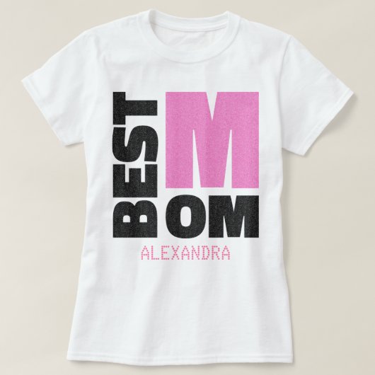 Beste mama roze zwarte glitter-naam Gepersonalisee T-shirt (Design voorkant)