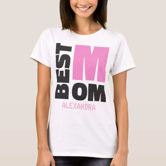 Beste mama roze zwarte glitter-naam Gepersonalisee T-shirt (Voorkant)