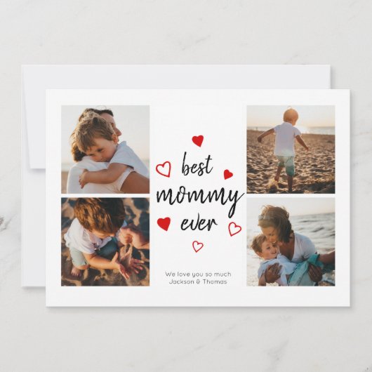 Beste mammie Cute Red Heart Typografie Foto Collag Kaart (Voorkant)