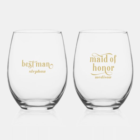 Beste man, Maid of Honor Elegant Gold Typography Wijnglas Zonder Voet (Voorkant)