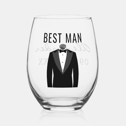 Beste Man Naam Zwart Tuxedo Trouwdatum Wijnglas Zonder Voet (Voorkant)