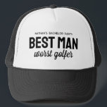 Beste man slechtste golfer grappig golf vrijgezell trucker pet<br><div class="desc">Voor het golfthema vrijgezellenfeest, krijg een goede lach met dit gepersonaliseerde pet, ideaal voor de beste man. Het pet heeft het gezegde "Best Man worst golfer", maar de zwarte tekst kan worden aangepast met uw woordkeuze. Vind coördinerende vrijgezellenfeestbenodigdheden en meer kleuren in de Golf and Brews voor het I Do's-collectie...</div>