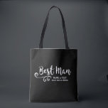 Beste Man Trouwen Canvas tas | Cool Modern Script<br><div class="desc">Je beste man zal dol zijn op deze gepersonaliseerde canvas tas! Dubbelzijdig met een leuk trendy wit script lettertype en werveling, de tas heeft ook twee regels aangepaste tekst - voeg de naam van de beste man, trouwdatum, locatie, enz. toe. Wijzig de achtergrondkleur om aan te sluiten bij uw trouwkleuren...</div>