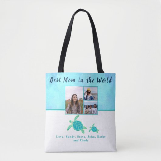 Beste moeder 3 Foto Blu Waterverf Zee Turtle Tote Bag (Voorkant)