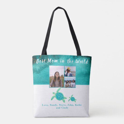 Beste moeder 3 Foto Blu Waterverf Zee Turtle Tote Bag (Achterkant)