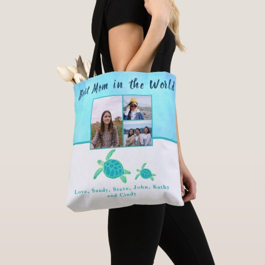 Beste moeder 3 Foto Blu Waterverf Zee Turtle Tote Bag (Dichtbij)