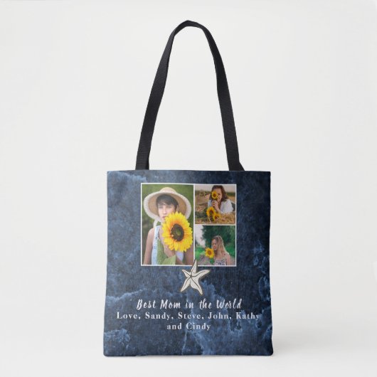 Beste moeder 3 Foto Collage Starfish marine Blue Tote Bag (Voorkant)