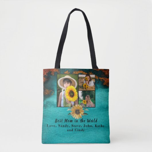 Beste Moeder 3 Foto Turquoise Collage Marmer Tote Bag (Voorkant)