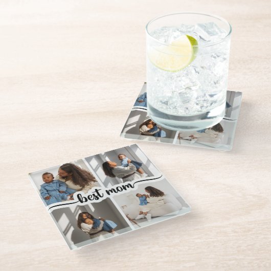 Beste moeder gepersonaliseerde 4 foto collage glazen onderzetter (Schuin)