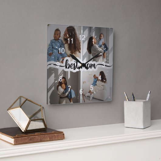 Beste moeder gepersonaliseerde 4 foto collage vierkante klok (Kantoor)