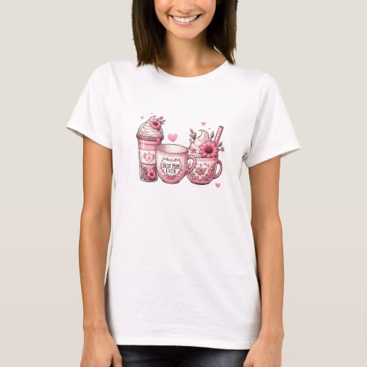 Beste moeder ooit 3 kopjes koffie roze wit t-shirt (Voorkant)