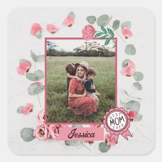Beste moeder ooit badge Naam foto Vierkante Sticker (Voorkant)