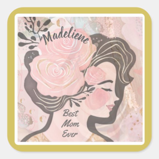Beste Moeder Ooit Bloemen Goud Lijst Naam Vierkante Sticker (Voorkant)