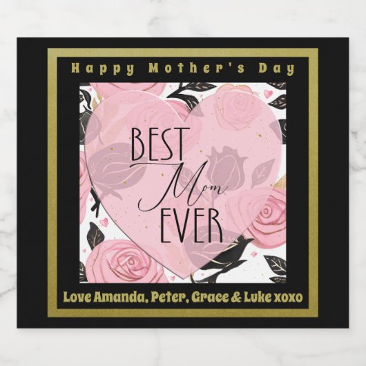 Beste Moeder ooit Harten en Rozen Sparkling Wijnetiket (Enkel label)