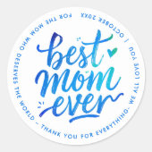 Beste moeder ooit modern blauw wit penseel schrift ronde sticker (Voorkant)